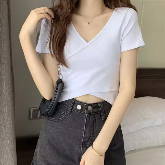 Cute Summer Cross T-shirt Women V-neck Solid Slim Skinny Tee Shirt Femme Korean Fashion Kpop Tshirt Crop Tops 90S Woman Clothing