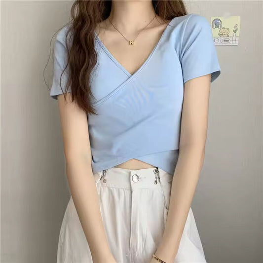 Cute Summer Cross T-shirt Women V-neck Solid Slim Skinny Tee Shirt Femme Korean Fashion Kpop Tshirt Crop Tops 90S Woman Clothing